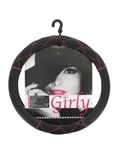 Black leather steering wheel cover with pink stitching...