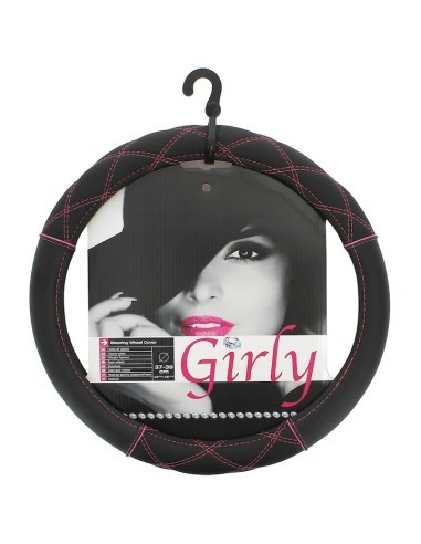 Black leather steering wheel cover with pink...