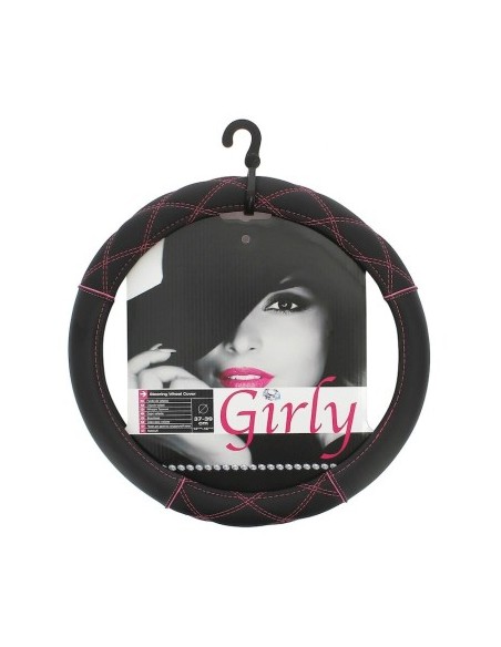 Black leather steering wheel cover with pink stitching 37-39cm