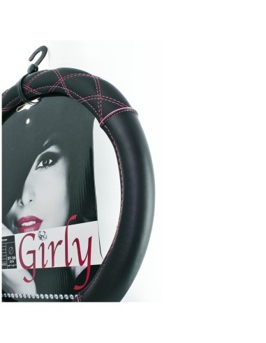 Black leather steering wheel cover with pink...