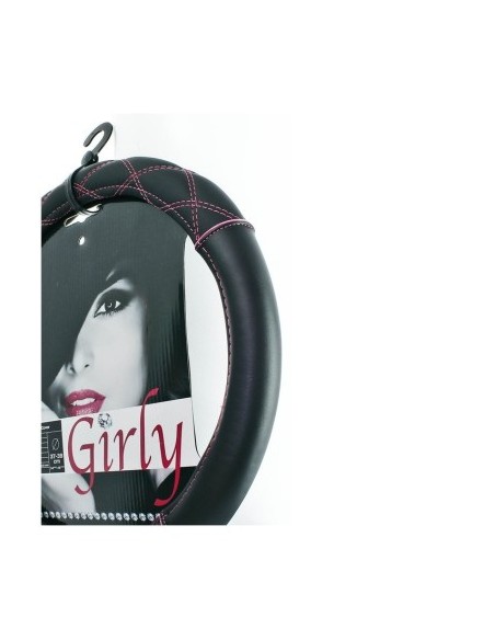 Black leather steering wheel cover with pink stitching 37-39cm