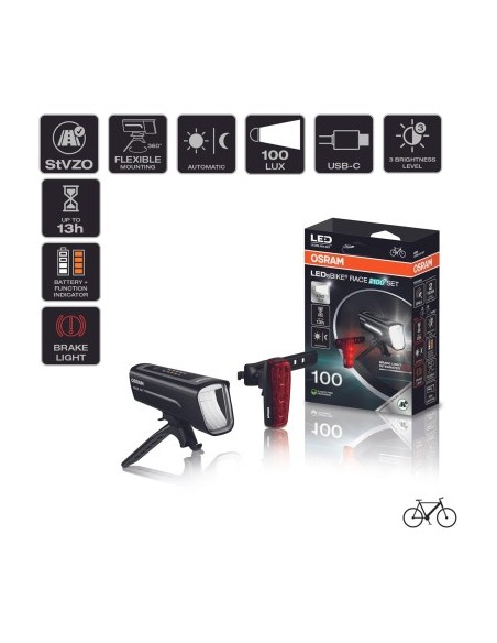 Bike Light Set, front and rear, brightness up to 100m, Osram LEDsBIKE RACE 100Set