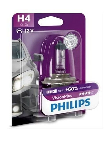 Philips H4 Vision Plus Car Bulb, +60%, 12V, 55W,