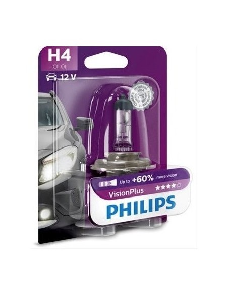 Philips H4 Vision Plus Car Bulb, +60%, 12V, 55W,