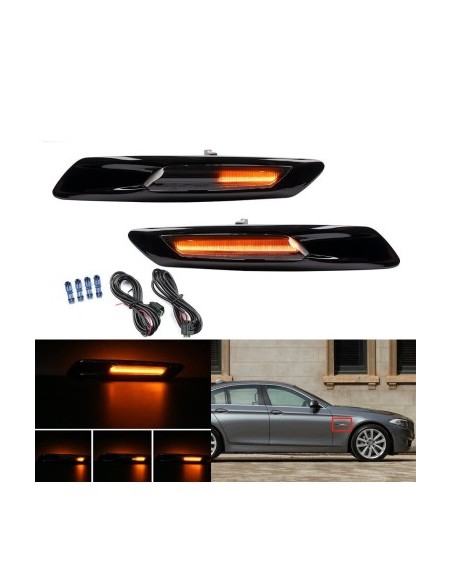 Set of 2 Black Dynamic Sequential LED Wing Indicators with Smoke Glass for BMW F10, F11, F07 without facelift