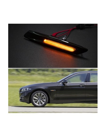 Set of 2 Black Dynamic Sequential LED Wing Indicators with Smoke Glass for BMW F10, F11, F07 without facelift