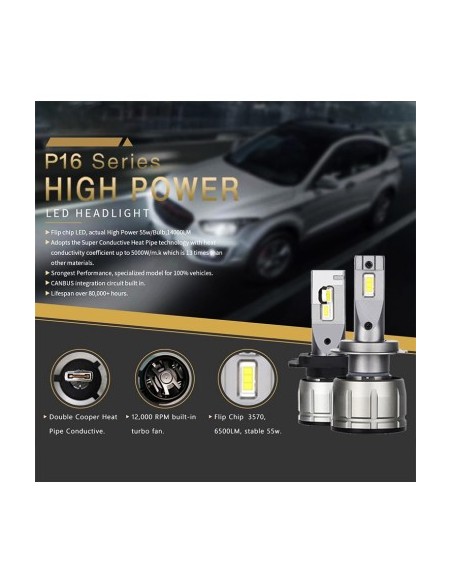 Set 2 H4 P16 Canbus LED bulbs for car headlights, power 60W, brightness 10,000 Lm, 12V
