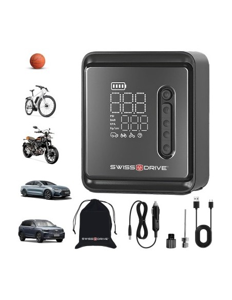 Mini portable air compressor 150 PSI, 10.3 Bar, 12V, 120W with rechargeable battery, LED lighting and 5 preset modes
