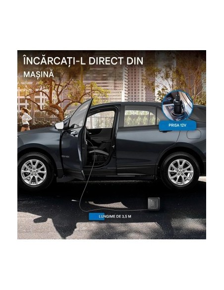 Mini portable air compressor 150 PSI, 10.3 Bar, 12V, 120W with rechargeable battery, LED lighting and 5 preset modes