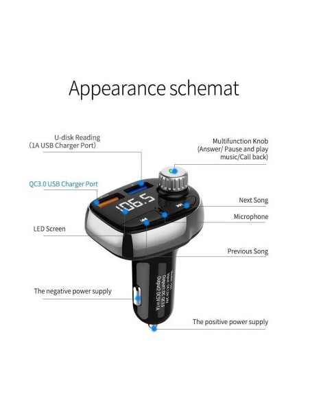 FM Modulator 12-24V Bluetooth 5.0 with car charger function Super Charge 3.0 - T61