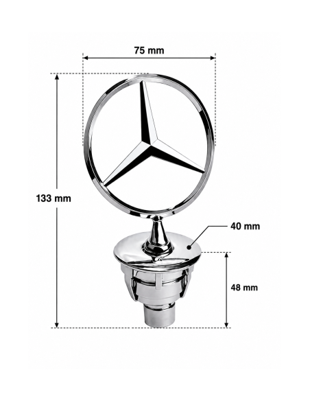 Compatible Mercedes-Benz Hood Emblem, Chrome 3D Star, Spring Clip Joint, 40 mm