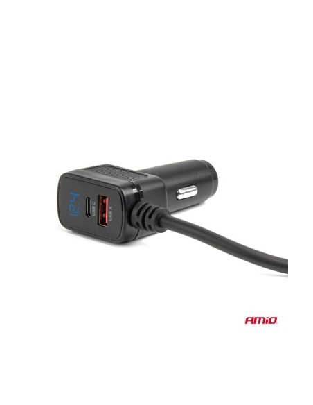 Extension socket with fast charger with 3x Cigarette Lighter Sockets, 3xUSB-A, 1xUSB-C, 148W, Length 75cm, Amio