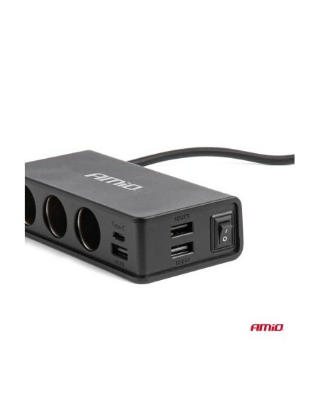 Extension socket with fast charger with 3x Cigarette Lighter Sockets, 3xUSB-A, 1xUSB-C, 148W, Length 75cm, Amio