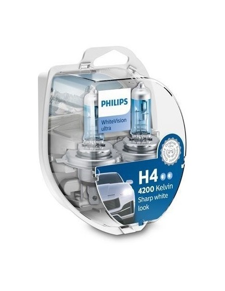 Set of 2 Philips H4 WhiteVision Ultra Halogen Car Bulbs, 12V, 60/55W