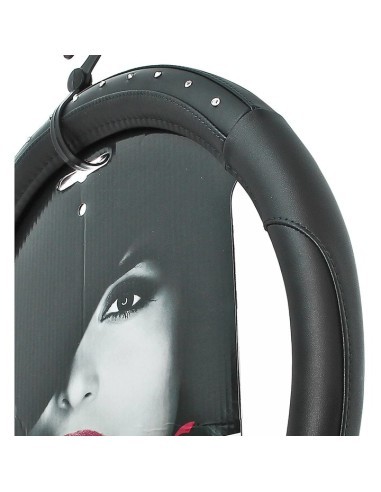 Black Leather Steering Wheel Cover with Diamond...