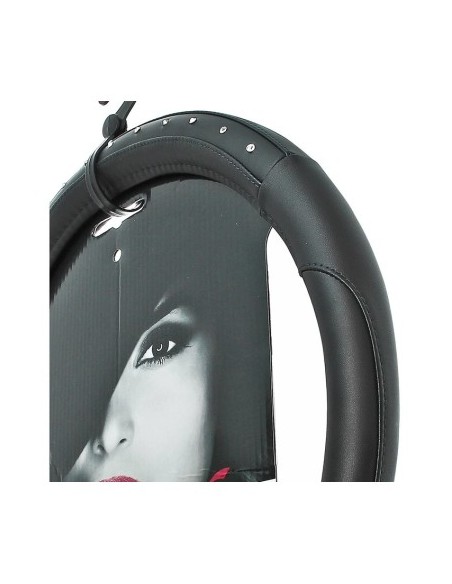Black Leather Steering Wheel Cover with Diamond Imitation 37-39cm