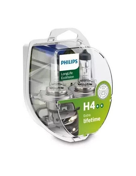 Set of 2 Philips H4 LongLife EcoVision halogen car bulbs, 12V, 55W