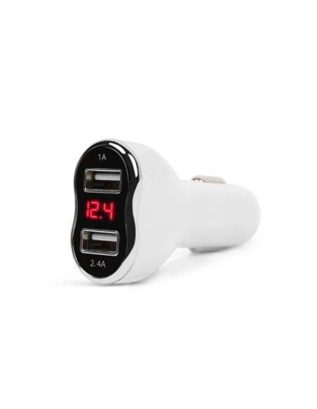 Car charger adapter with connection to car socket 2 x USB, with voltmeter and ammeter White